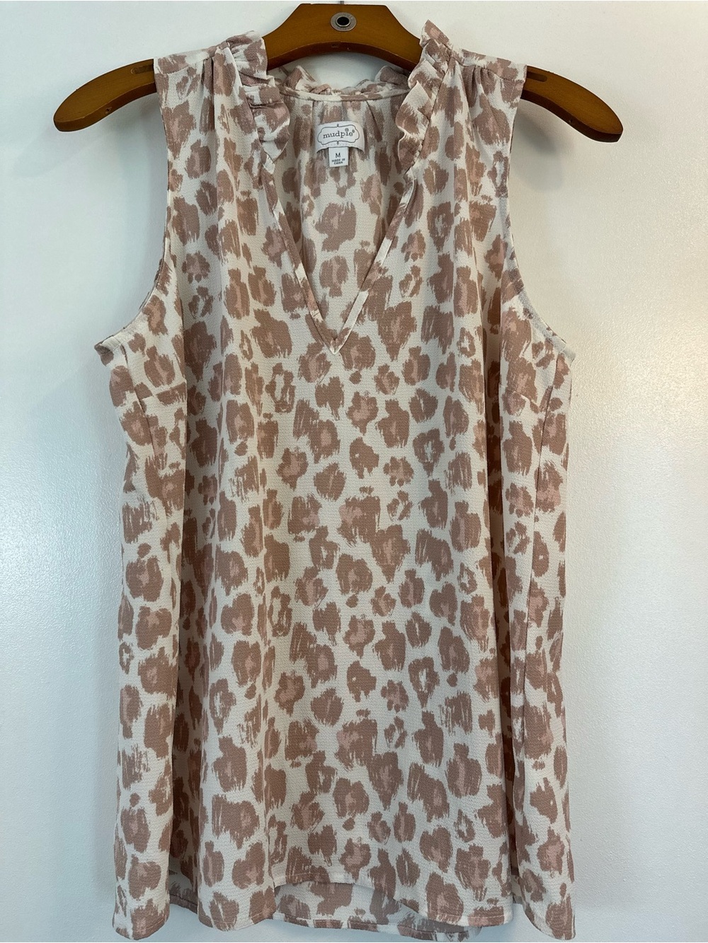 Mud Pie Cream and Taupe Ruffle V-Neck Animal Print Top